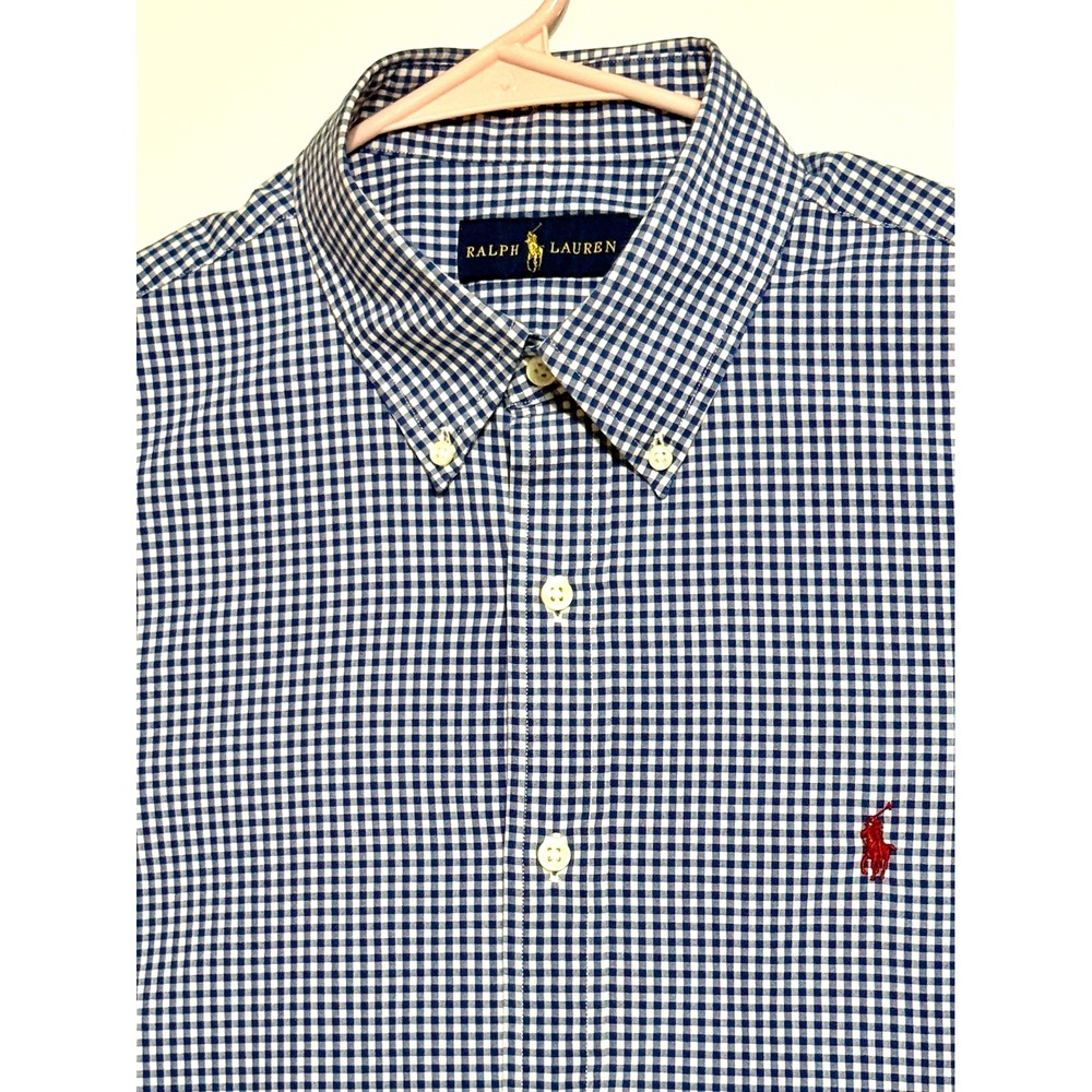 Ralph Lauren Mens L Gingham Button Down Shirt Blue White Cotton Long Sleeve